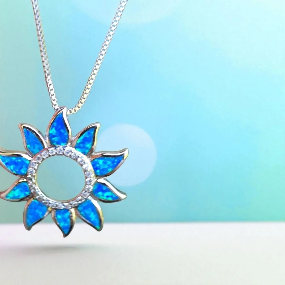 Sterling Silver 925 Necklace Silver 925 Blue Sunflower Opal Pendant Necklace - Picture 4 of 17